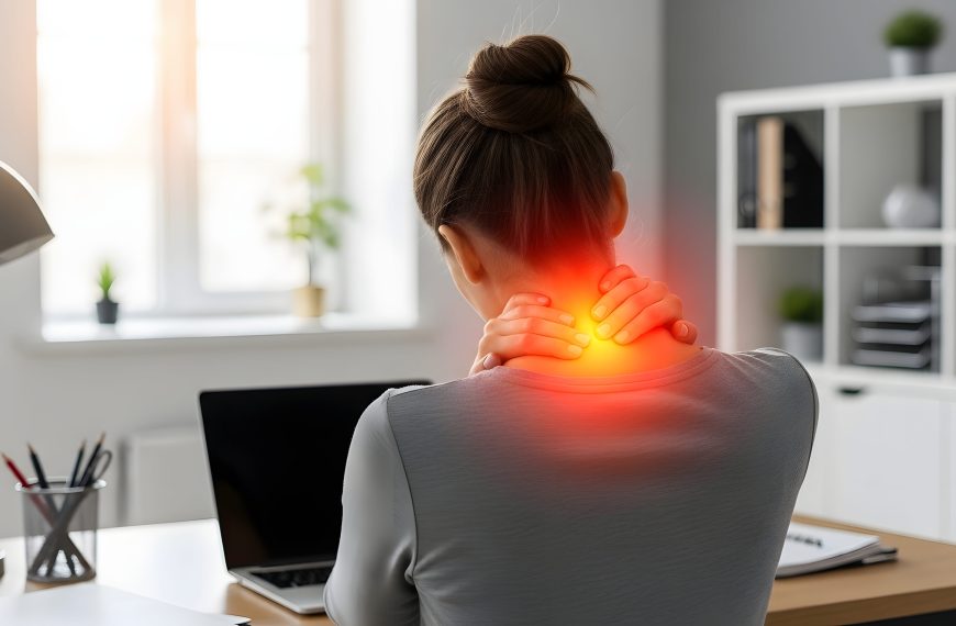 woman sitting at desk with neck pain