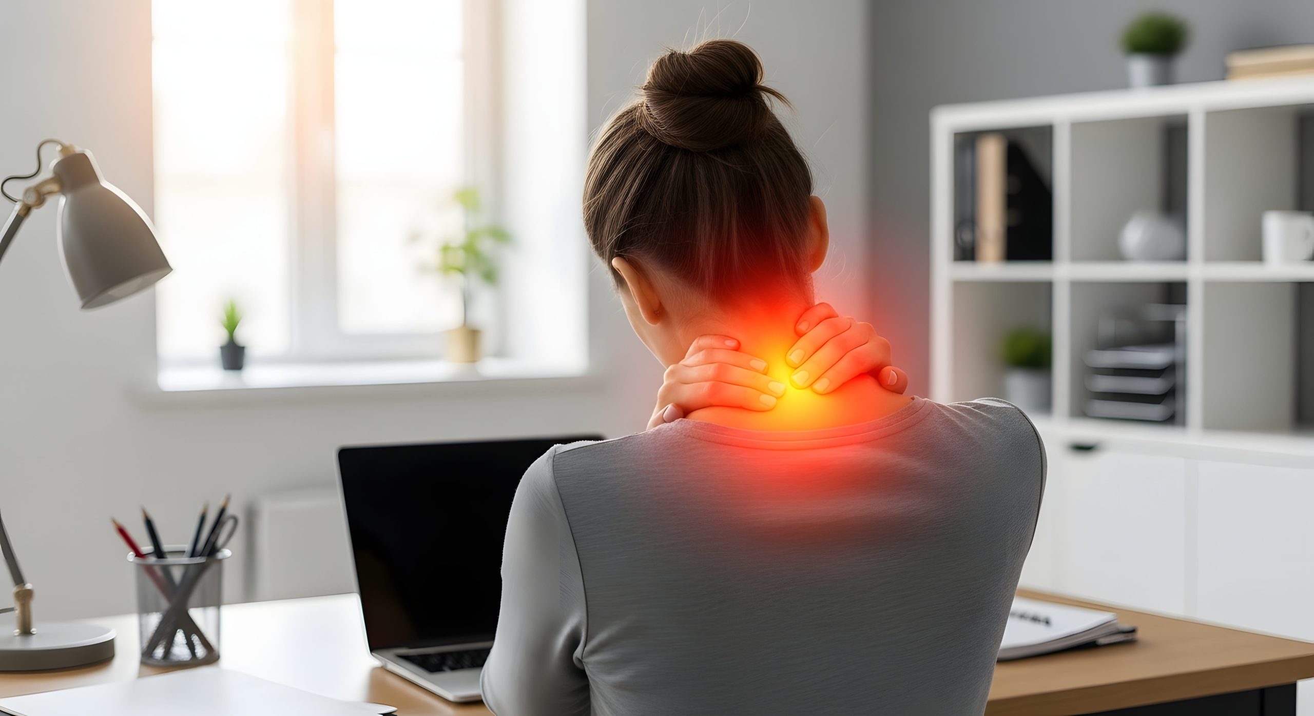 woman sitting at desk with neck pain